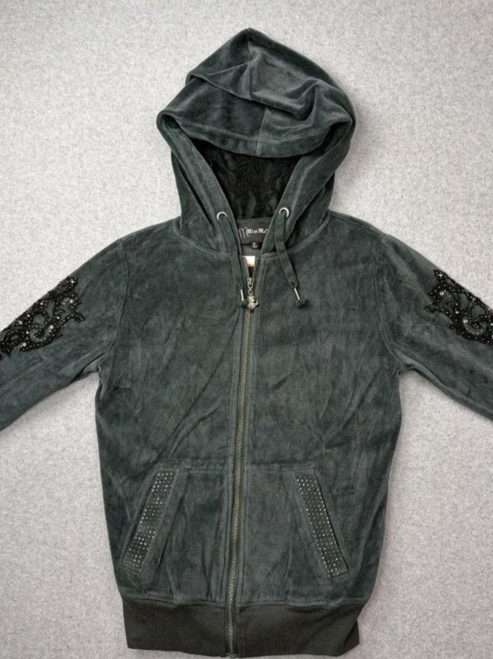 Velvet Hooded Zip Jacket with Embellished Sleeves - Charcoal